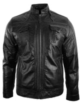 Chaqueta de cuero auténtico estilo motero vintage negra con cremallera, corte casual y ajustado para hombre.