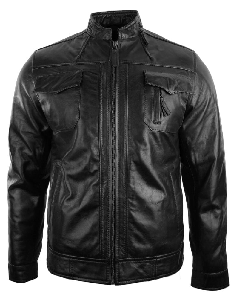 Chaqueta de cuero auténtico estilo motero vintage negra con cremallera, corte casual y ajustado para hombre.
