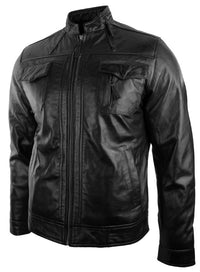 Chaqueta de cuero auténtico estilo motero vintage negra con cremallera, corte casual y ajustado para hombre.