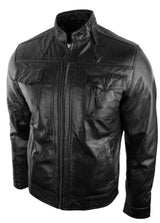 Chaqueta de cuero auténtico estilo motero vintage negra con cremallera, corte casual y ajustado para hombre.