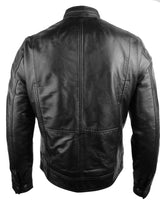 Chaqueta de cuero auténtico estilo motero vintage negra con cremallera, corte casual y ajustado para hombre.