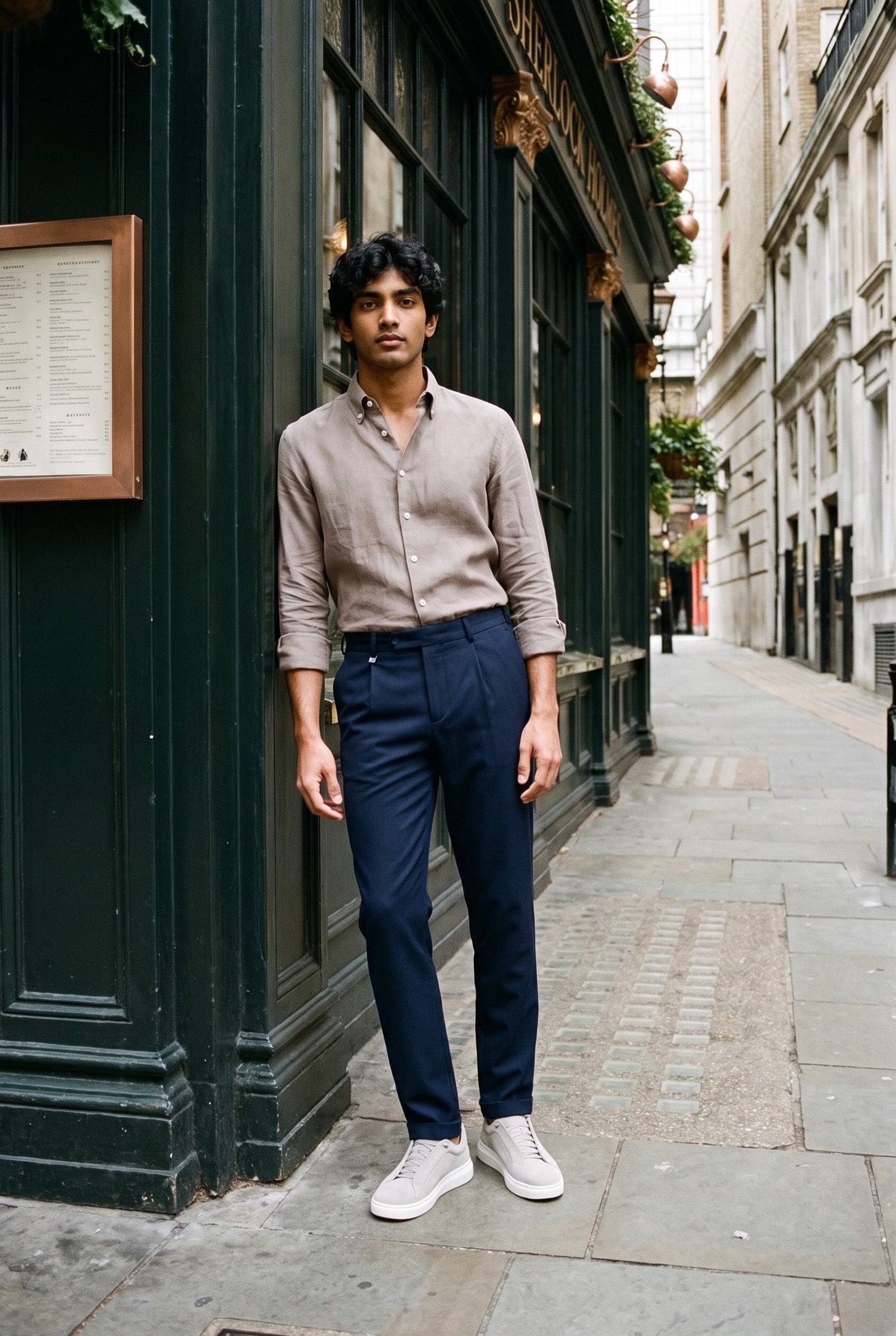 Look #1017 styled with Camisa de hombre de lino puro color marrón claro, manga larga, con botones, ideal para el verano.