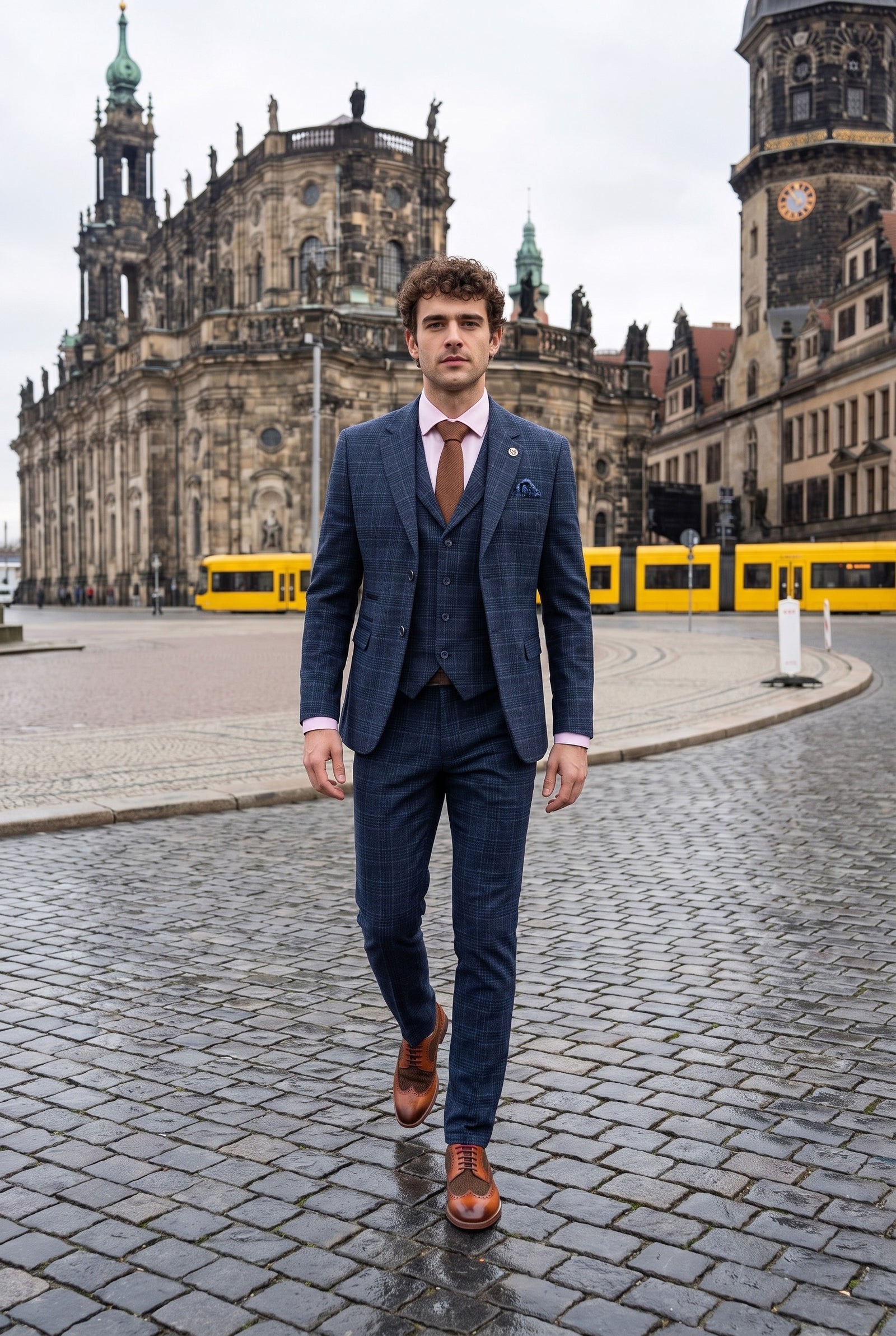 Look #981 styled with Traje de tres piezas para hombre con estampado de cuadros escoceses azules.