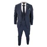 Traje de tres piezas para hombre de tweed azul con estampado de espiga.