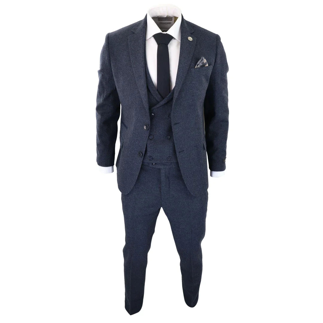 Traje de tres piezas para hombre de tweed azul con estampado de espiga.