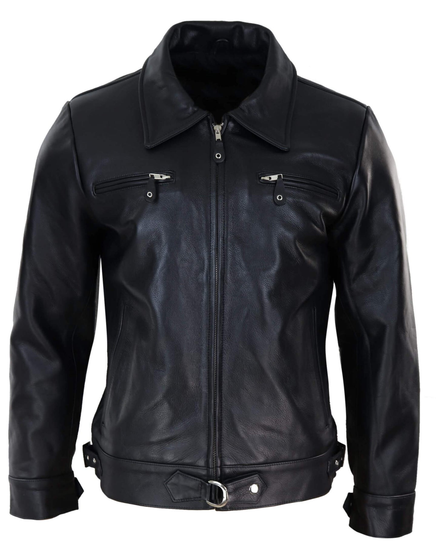 Chaqueta clásica de cuero negro-marrón para hombre