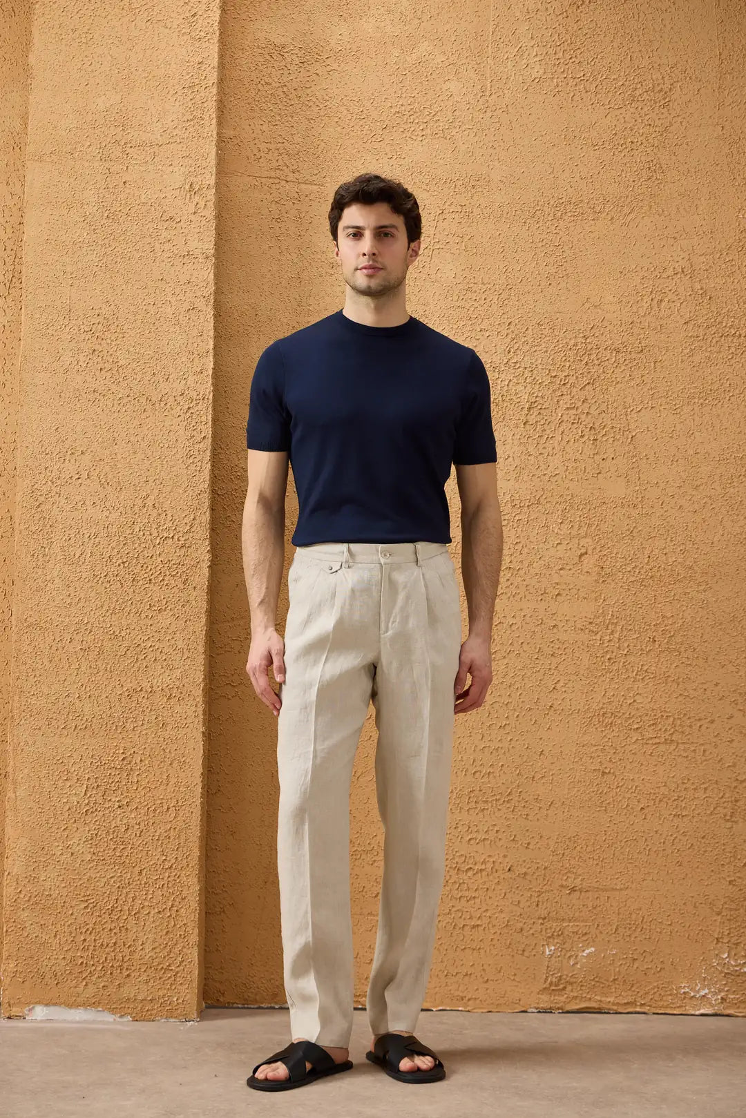 Traje de dos piezas de lino beige para hombre, estilo safari, con cremallera frontal, para verano.