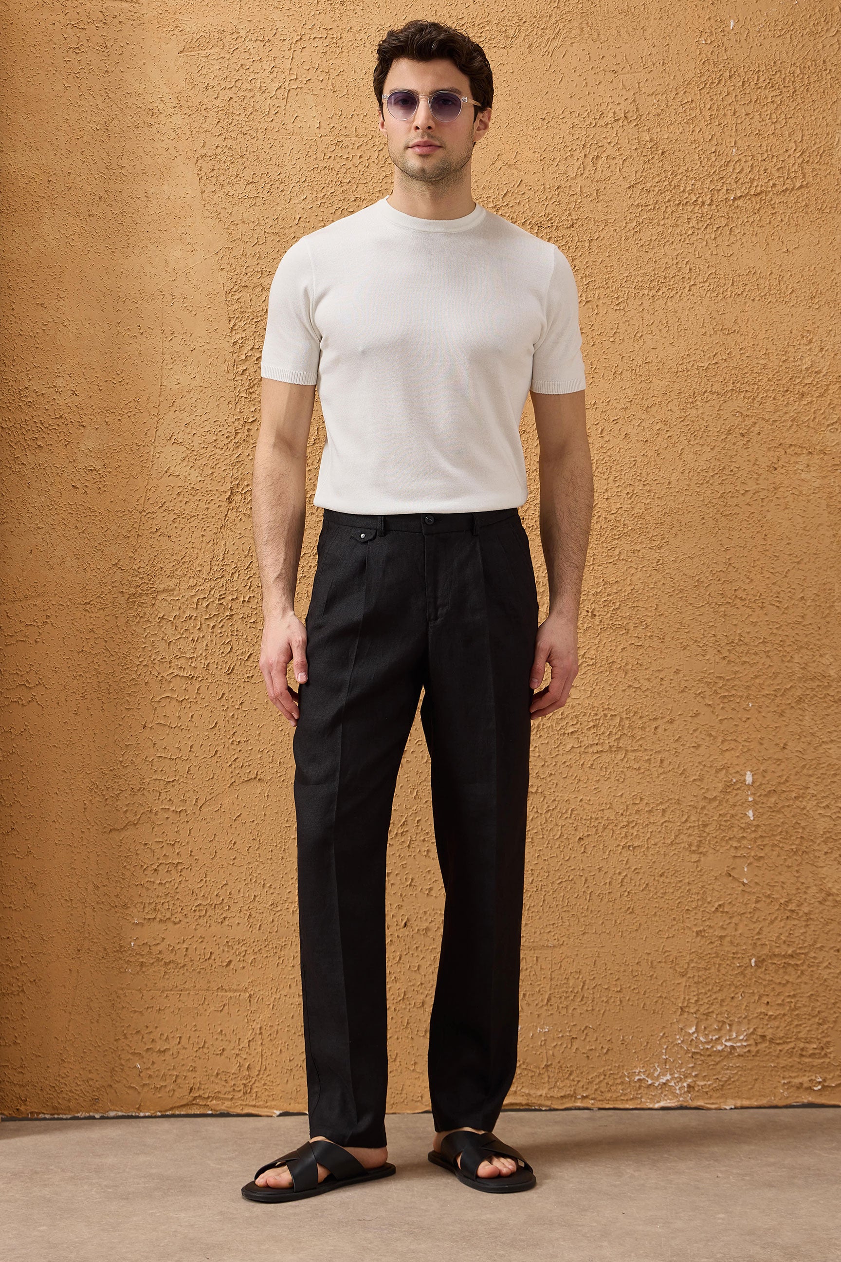 Traje de dos piezas de lino negro para hombre, estilo safari, con cremallera frontal, para verano.
