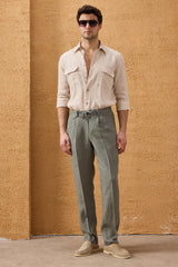 Traje de dos piezas de lino verde salvia para hombre, estilo safari, con cremallera frontal, para verano.