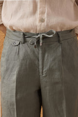 Traje de dos piezas de lino verde salvia para hombre, estilo safari, con cremallera frontal, para verano.