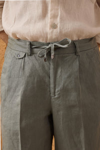 Traje de dos piezas de lino verde salvia para hombre, estilo safari, con cremallera frontal, para verano.