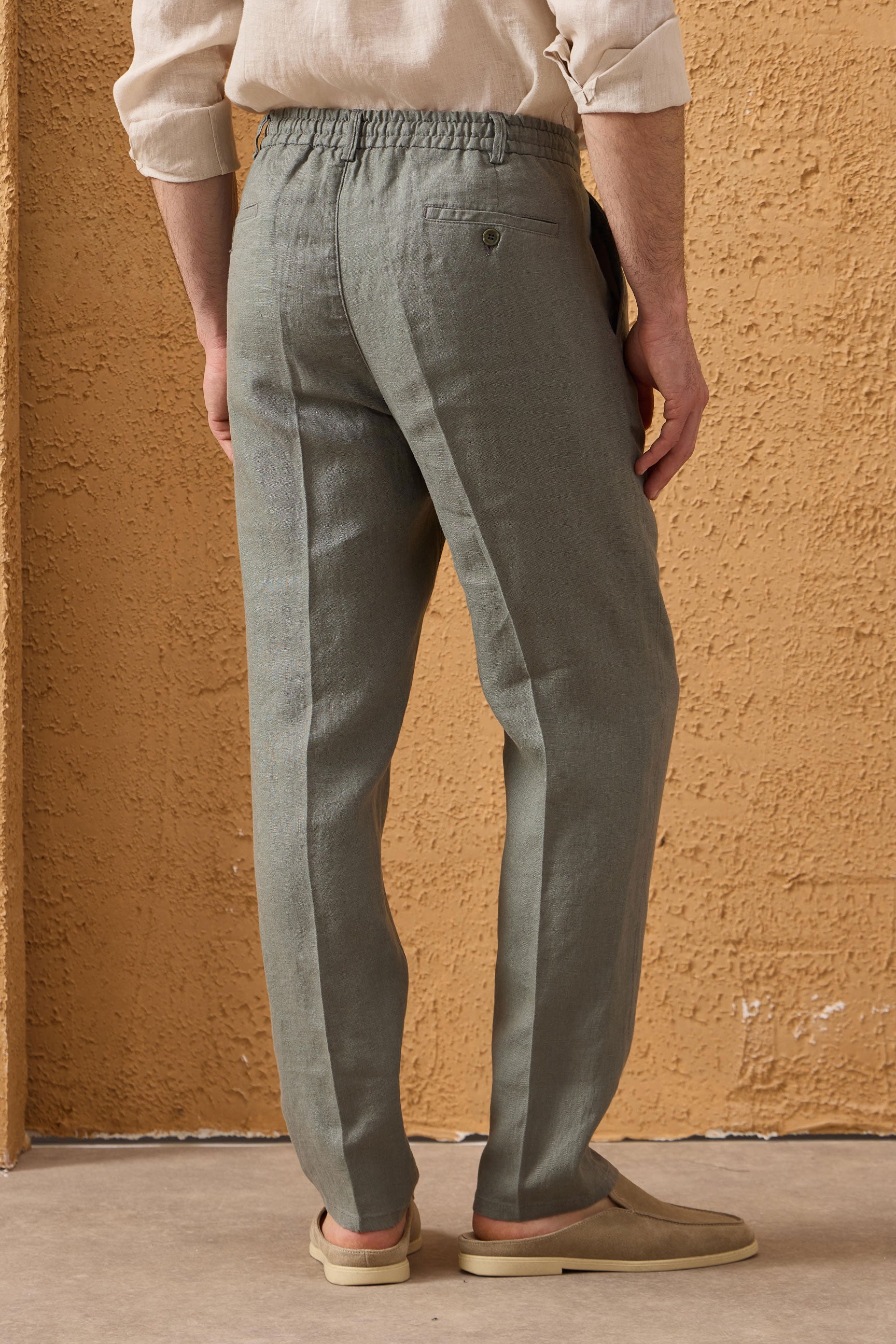 Traje de dos piezas de lino verde salvia para hombre, estilo safari, con cremallera frontal, para verano.