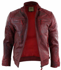 Chaqueta de cuero rojo desgastado para hombre, de piel auténtica.
