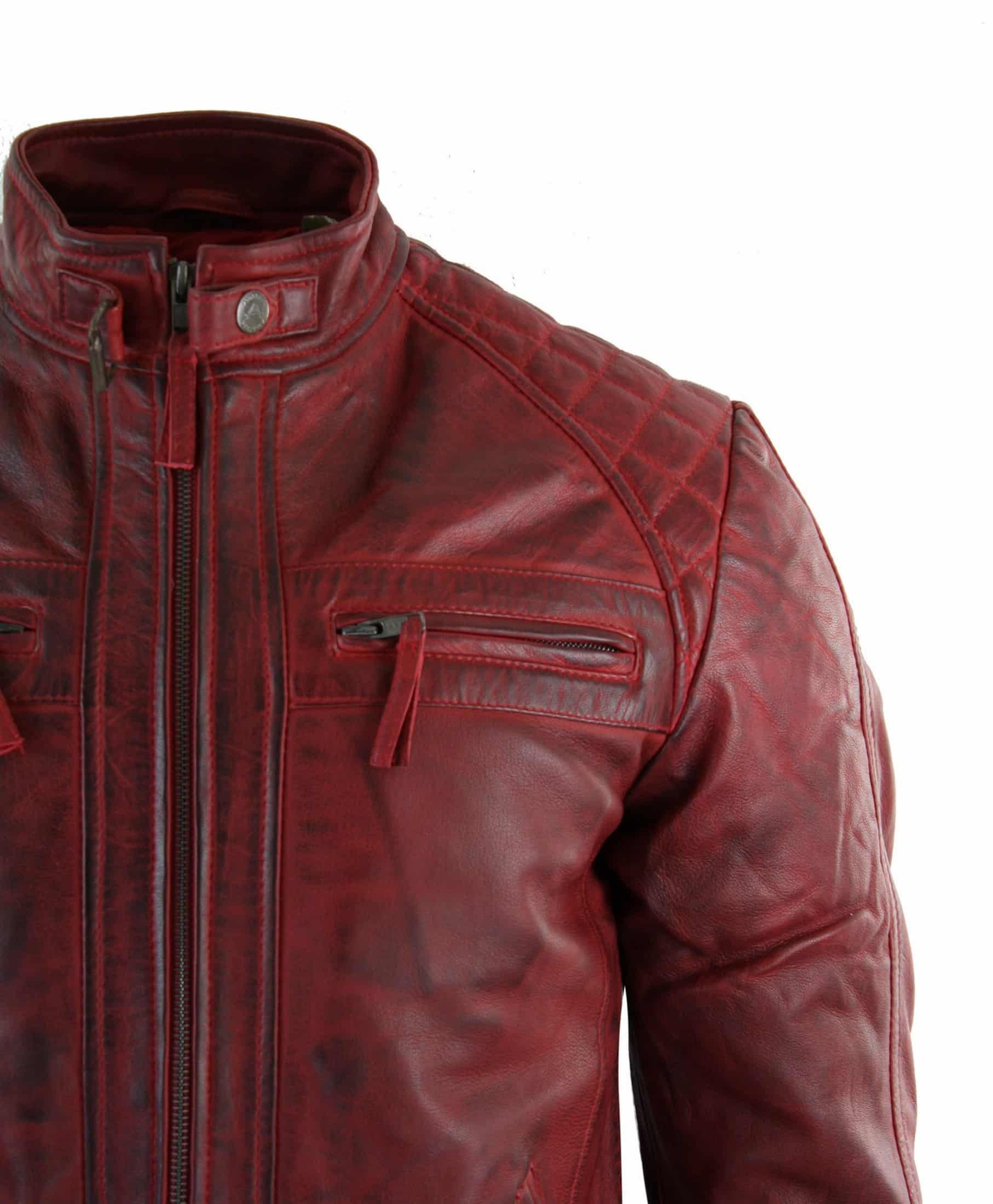 Chaqueta de cuero rojo desgastado para hombre, de piel auténtica.