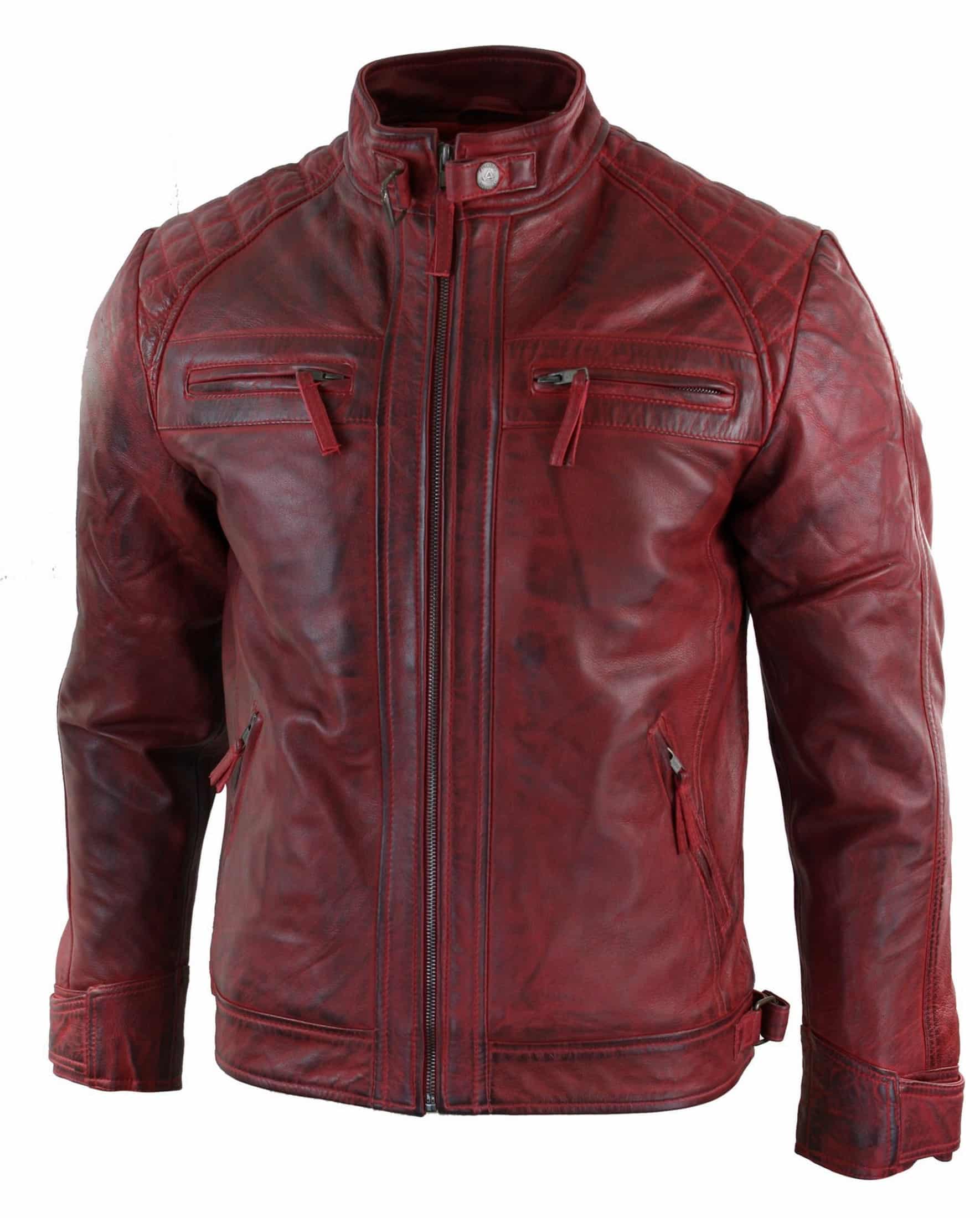 Chaqueta de cuero rojo desgastado para hombre, de piel auténtica.