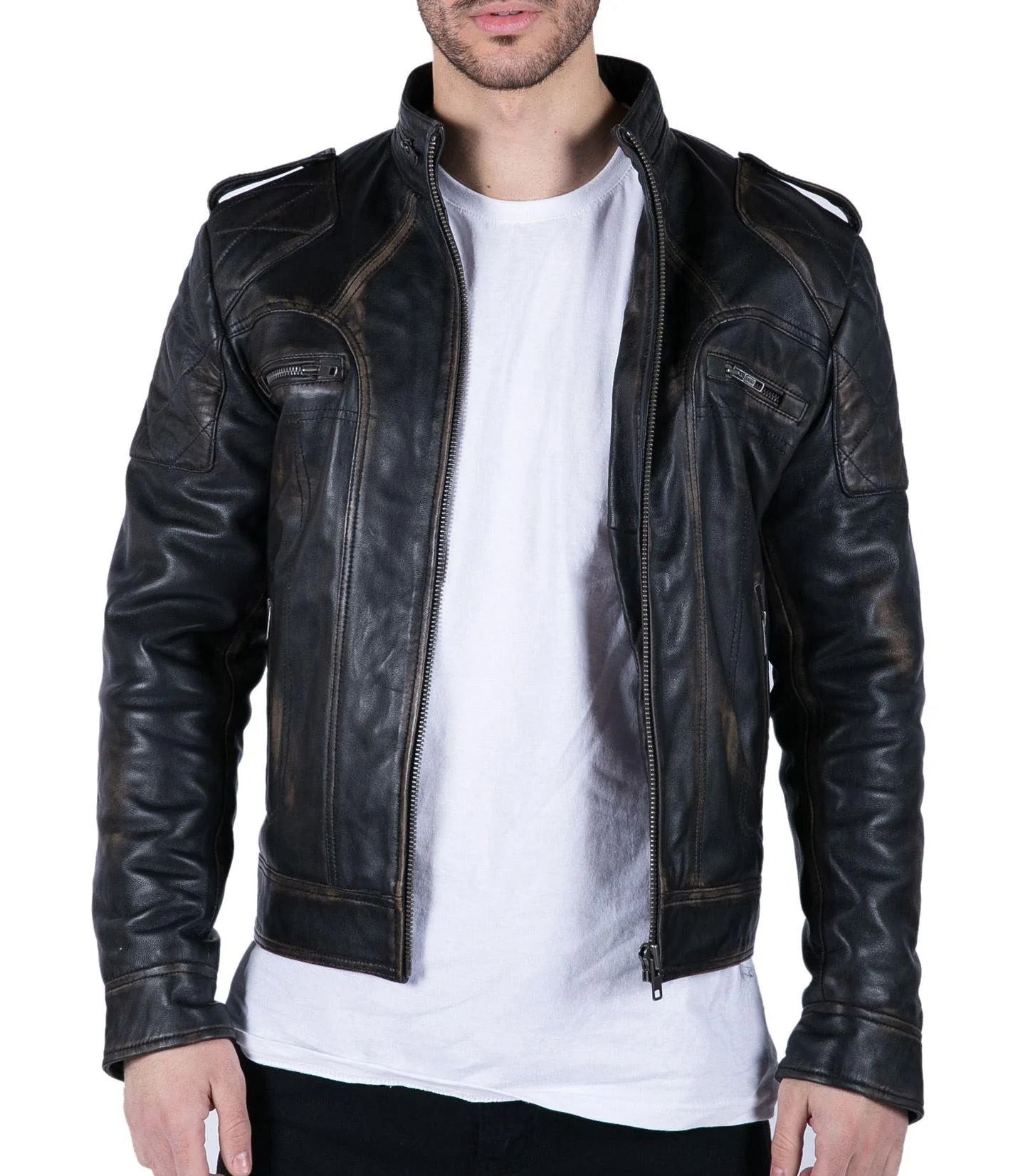 Chaqueta de motociclista estilo racer de cuero auténtico negro y marrón lavado para hombre, con cremallera y corte ajustado.