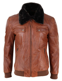 Chaqueta de cuero de piloto para hombre, color marrón óxido lavado, con cuello de piel extraíble y corte ajustado.