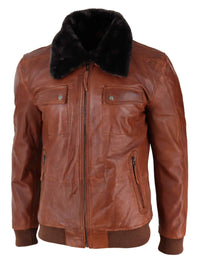 Chaqueta de cuero de piloto para hombre, color marrón óxido lavado, con cuello de piel extraíble y corte ajustado.