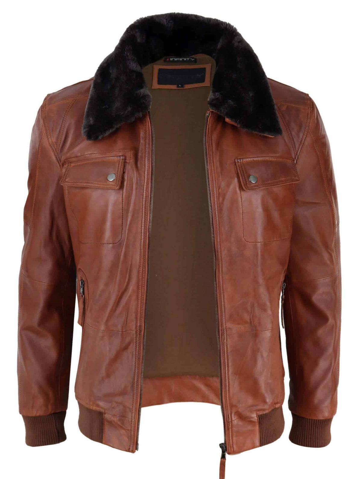 Chaqueta de cuero de piloto para hombre, color marrón óxido lavado, con cuello de piel extraíble y corte ajustado.