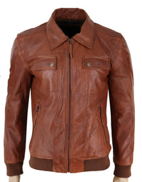 Chaqueta de cuero de piloto para hombre, color marrón óxido lavado, con cuello de piel extraíble y corte ajustado.