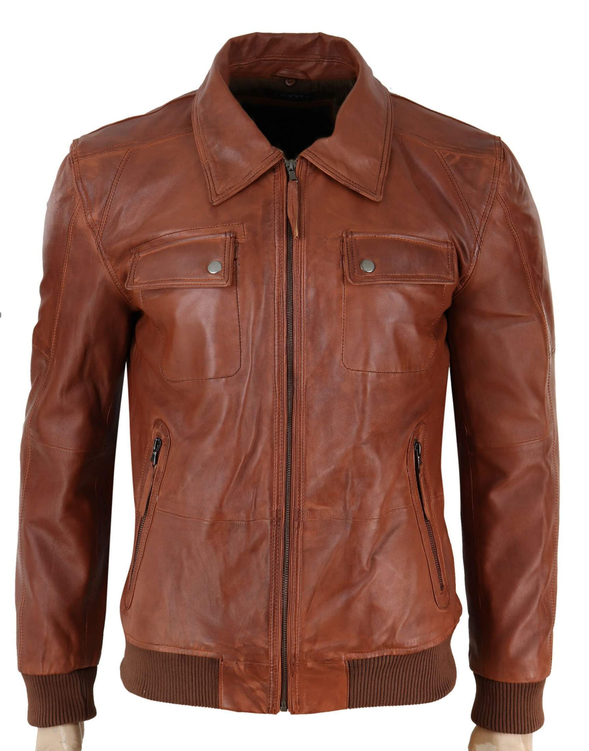 Chaqueta de cuero de piloto para hombre, color marrón óxido lavado, con cuello de piel extraíble y corte ajustado.