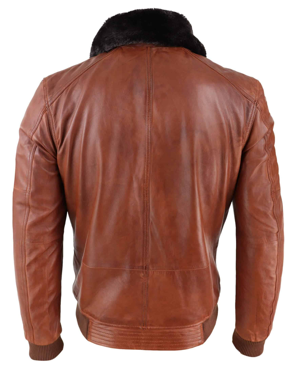 Chaqueta de cuero de piloto para hombre, color marrón óxido lavado, con cuello de piel extraíble y corte ajustado.