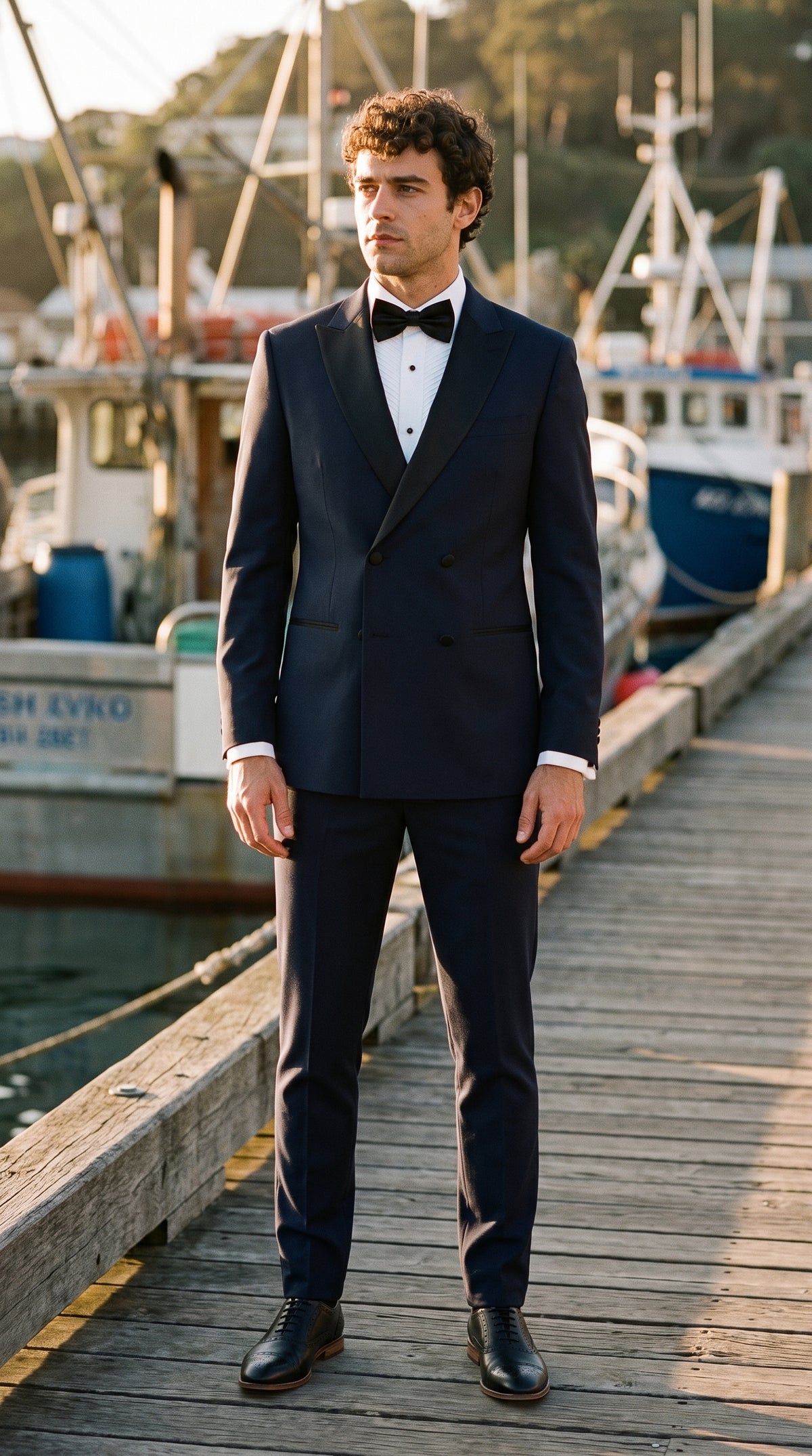 Look #802 styled with Aspen - Traje de esmoquin azul marino de dos piezas para hombre, cruzado.