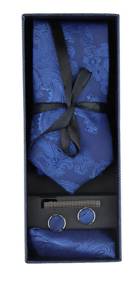 Conjunto de regalo de corbata azul con estampado paisley, pañuelo de bolsillo, gemelos y corbata de satén floral.
