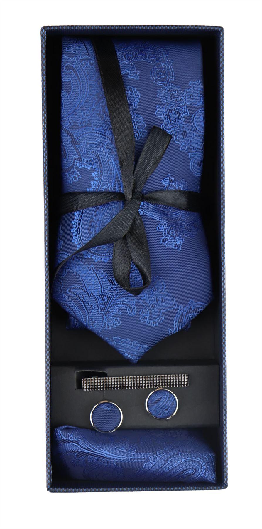 Conjunto de regalo de corbata azul con estampado paisley, pañuelo de bolsillo, gemelos y corbata de satén floral.