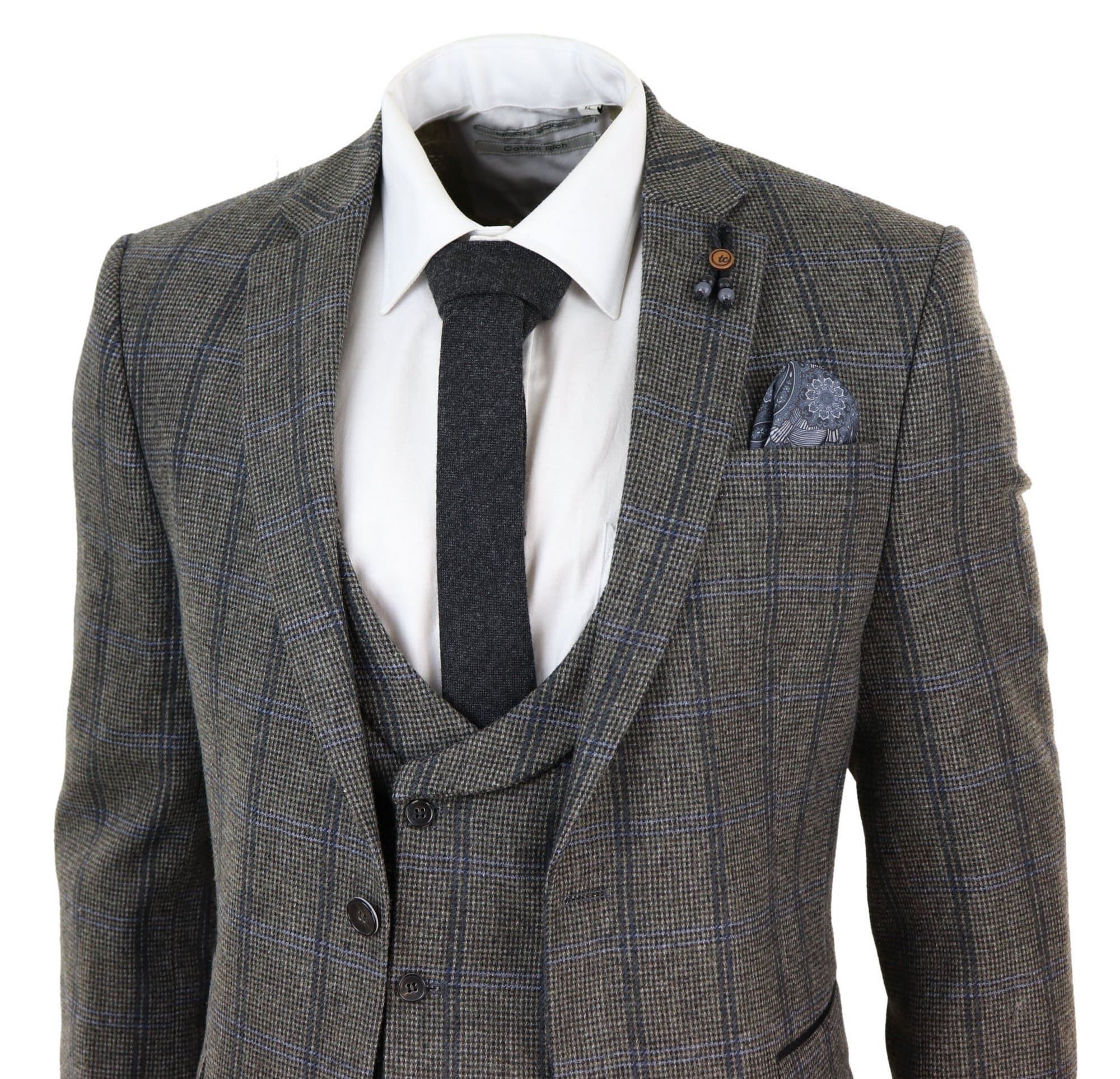 Traje de tweed de 3 piezas a cuadros grises