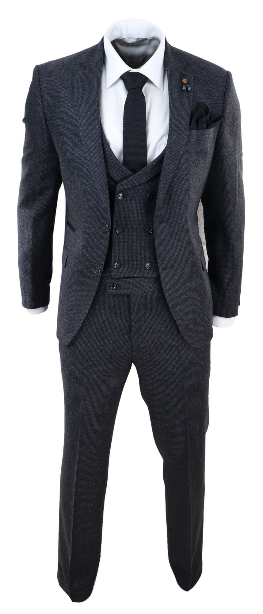 Traje de tres piezas de tweed gris oscuro