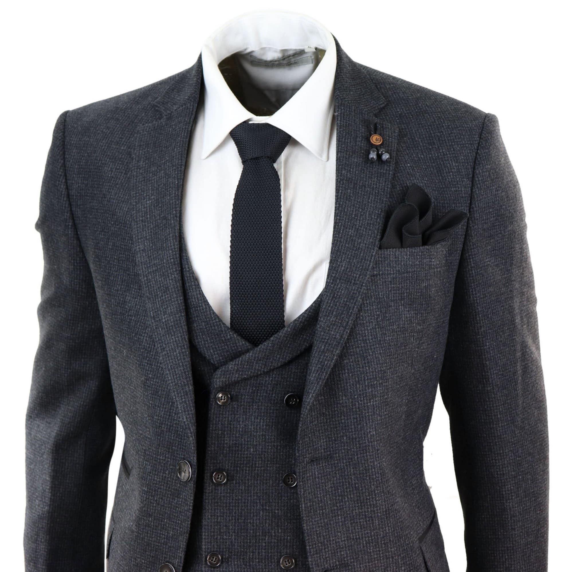 Traje de tres piezas de tweed gris oscuro
