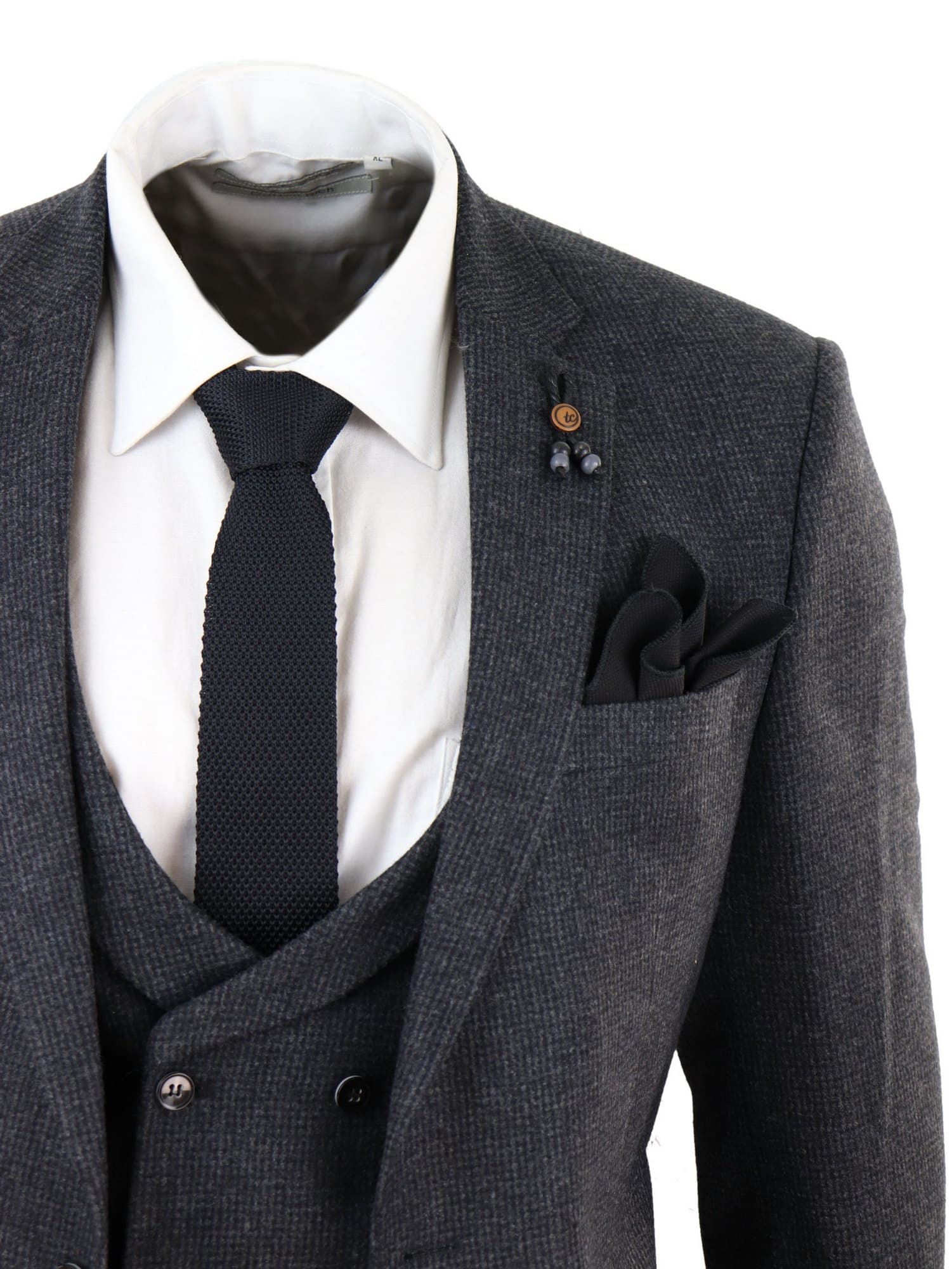 Traje de tres piezas de tweed gris oscuro