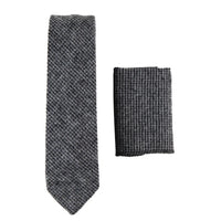 281 - Corbata y pañuelo de lana tweed gris con estampado de espiga para hombre, 2"