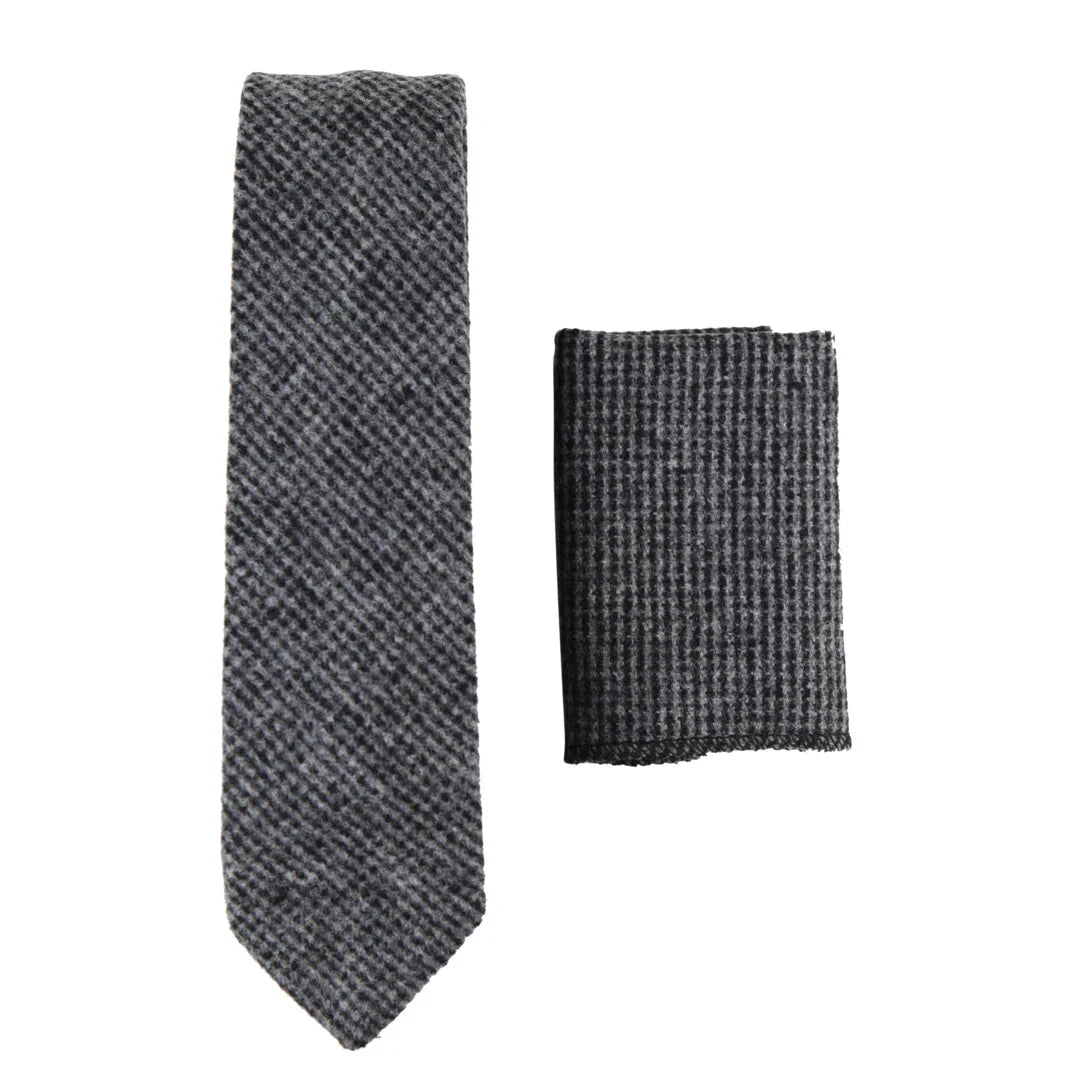 281 - Corbata y pañuelo de lana tweed gris con estampado de espiga para hombre, 2"