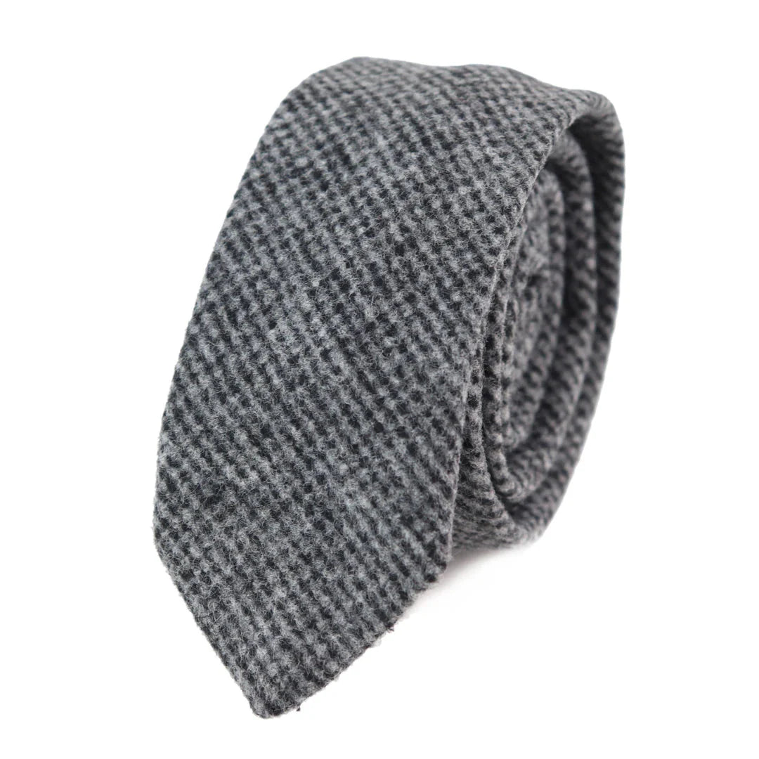 281 - Corbata y pañuelo de lana tweed gris con estampado de espiga para hombre, 2"