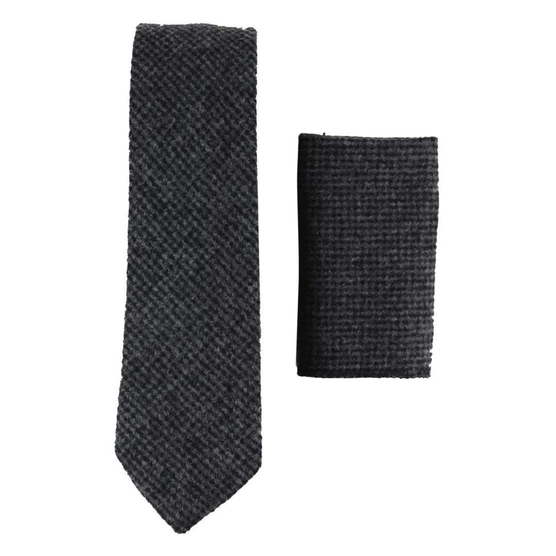 281 - Corbata y pañuelo de lana tweed de espiga color carbón para hombre de 2"