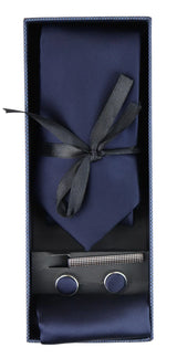 Conjunto de regalo de corbata azul marino de seda satinada con pañuelo de bolsillo, gemelos y corbata de satén brillante.