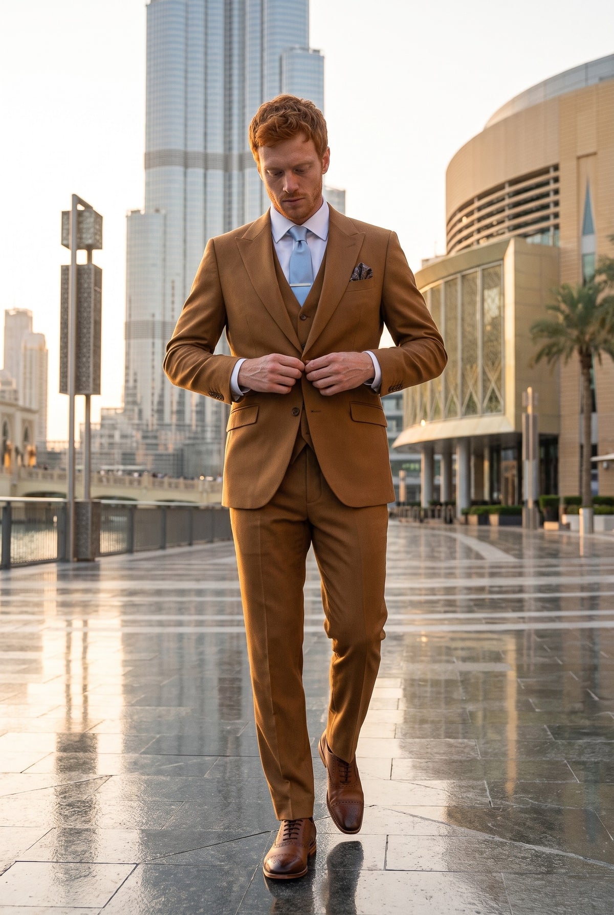 Look #952 styled with James - Traje de tres piezas de lana color marrón camel para hombre, corte sastre