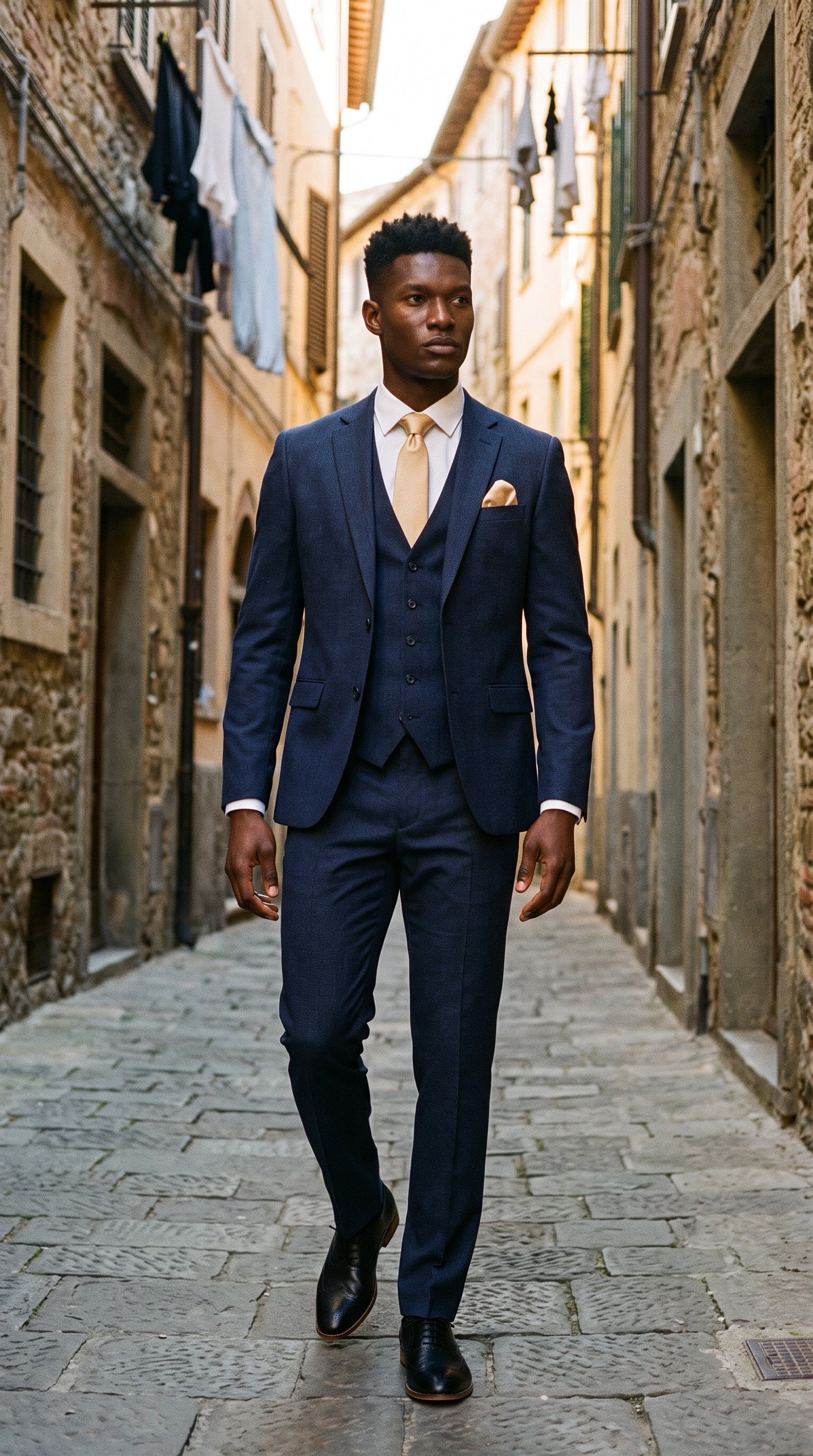 Look #821 styled with Malibu - Traje de tres piezas azul marino para hombre, corte entallado