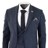 Traje de tres piezas para hombre de tweed azul con estampado de espiga.