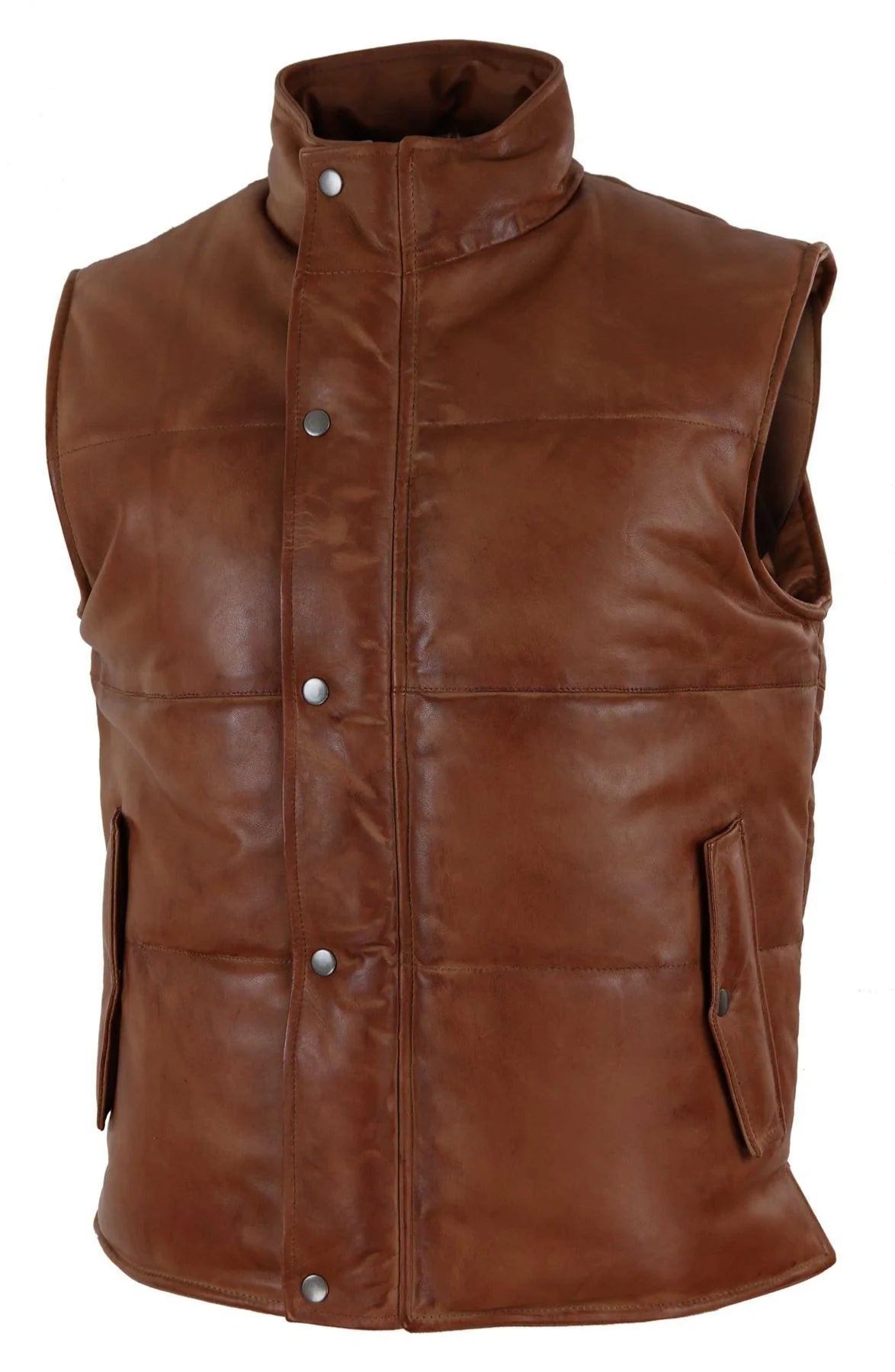 Chaleco de cuero auténtico para hombre, acolchado, con cremallera, estilo casual, color tostado.