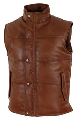 Chaleco de cuero auténtico para hombre, acolchado, con cremallera, estilo casual, color tostado.