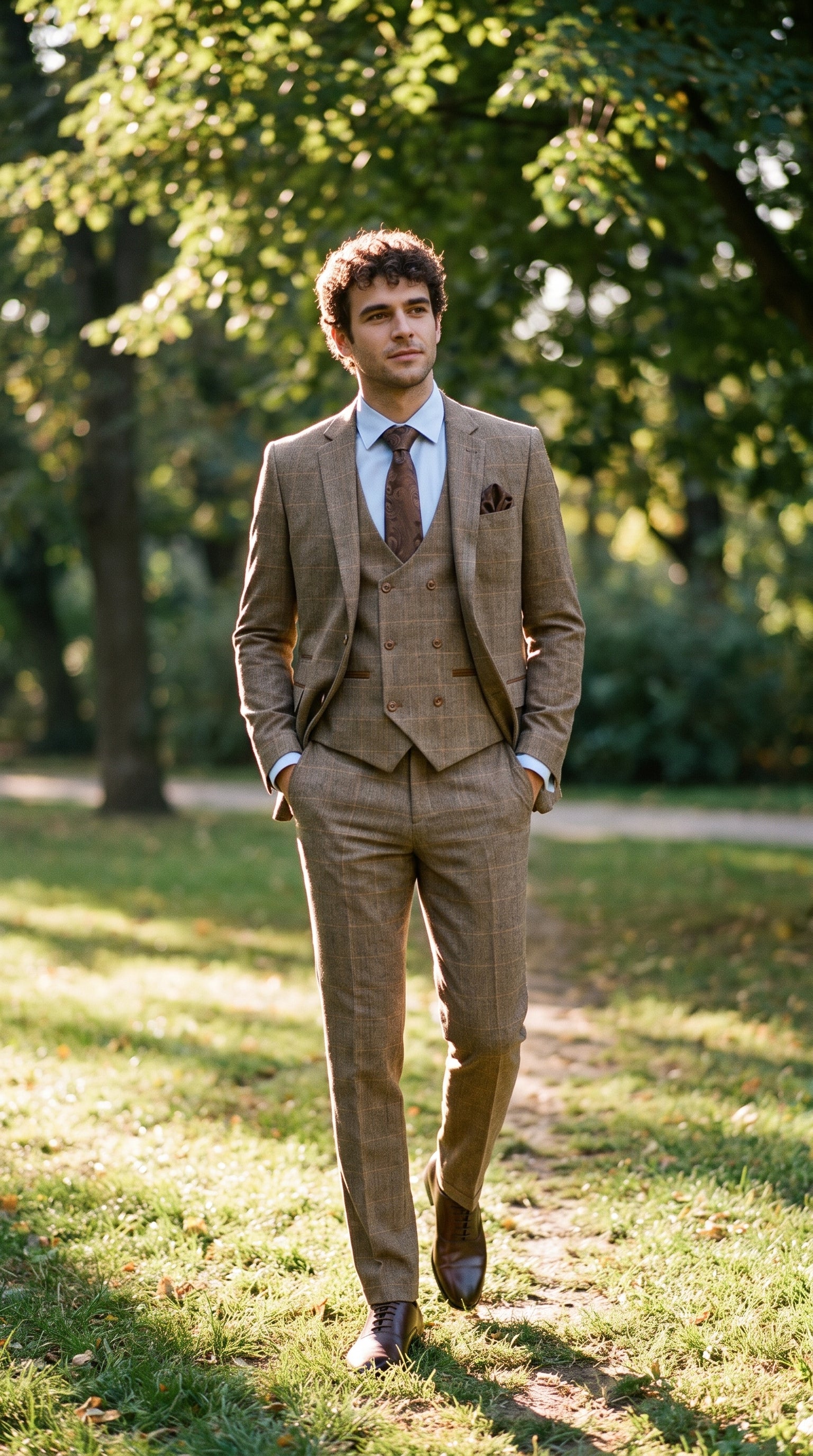 Look #343 styled with Traje de hombre de 3 piezas de tweed con estampado de espiga en tonos tostados y marrones, corte entallado, doble clásico.