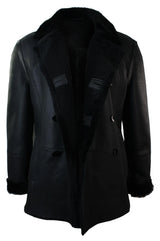 Chaqueta cruzada de piel de oveja auténtica de la Marina Real Alemana para hombre, color negro, entallada.