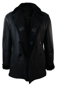 Chaqueta cruzada de piel de oveja auténtica de la Marina Real Alemana para hombre, color negro, entallada.
