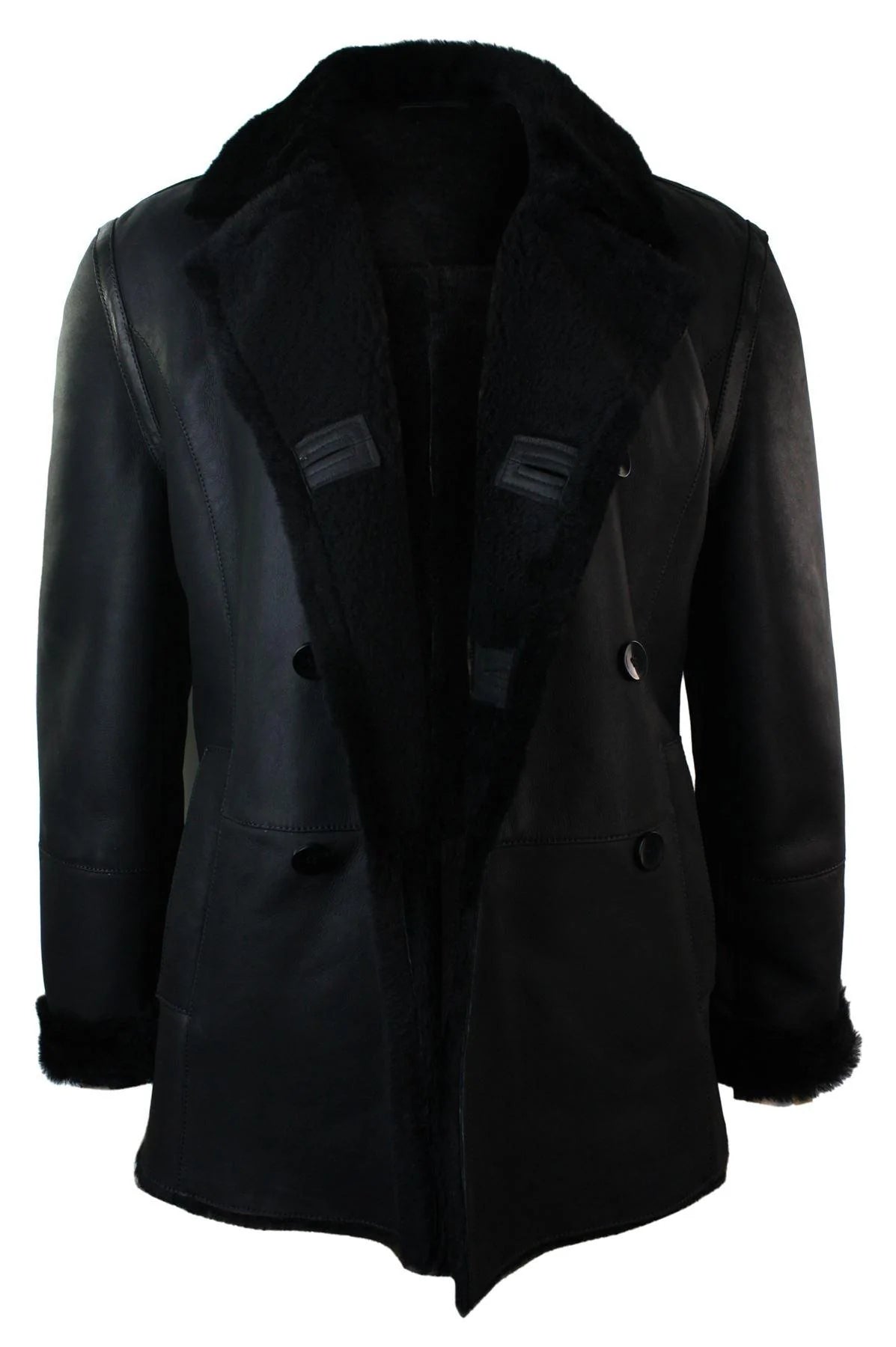 Chaqueta cruzada de piel de oveja auténtica de la Marina Real Alemana para hombre, color negro, entallada.