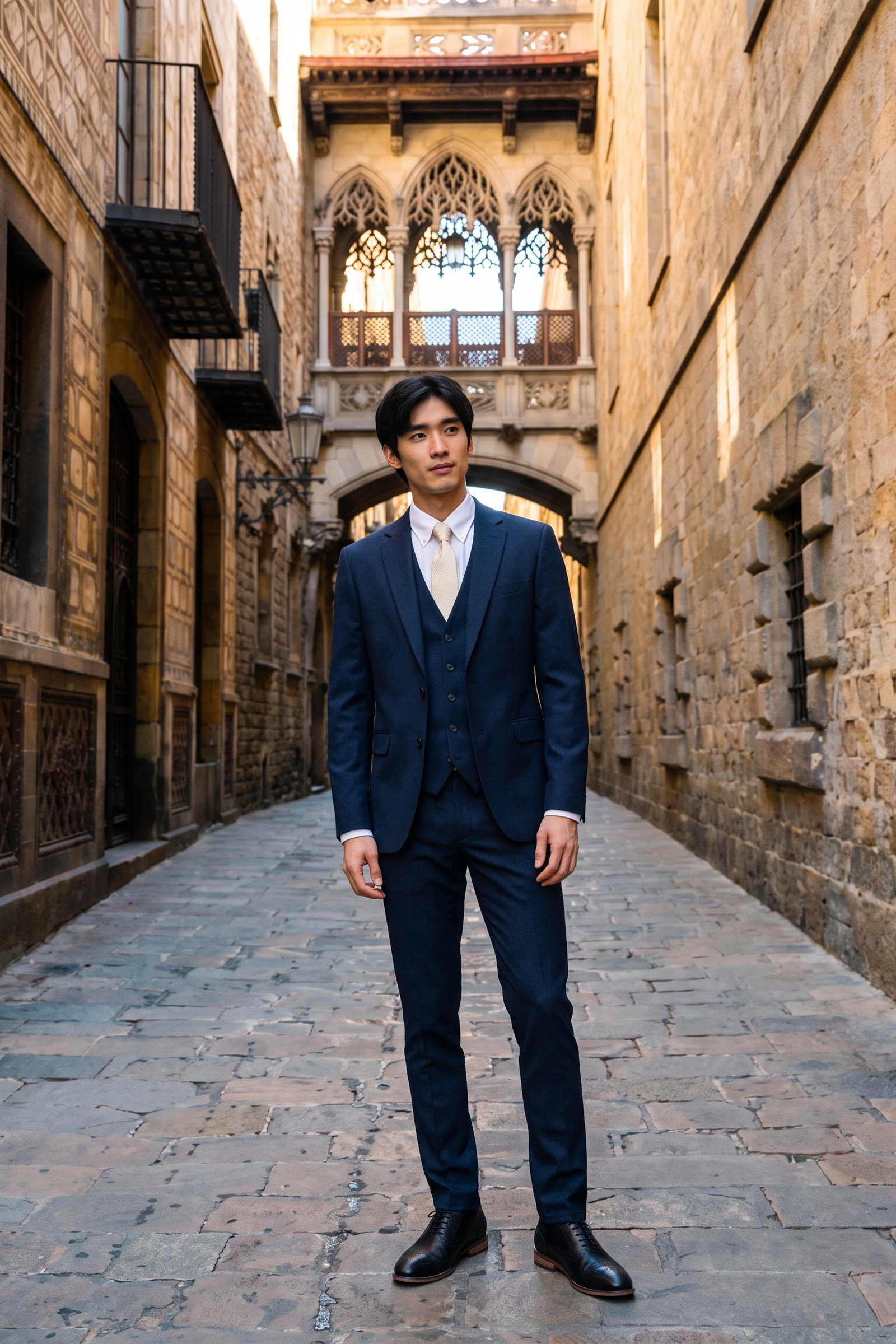Look #820 styled with Malibu - Traje de tres piezas azul marino para hombre, corte entallado