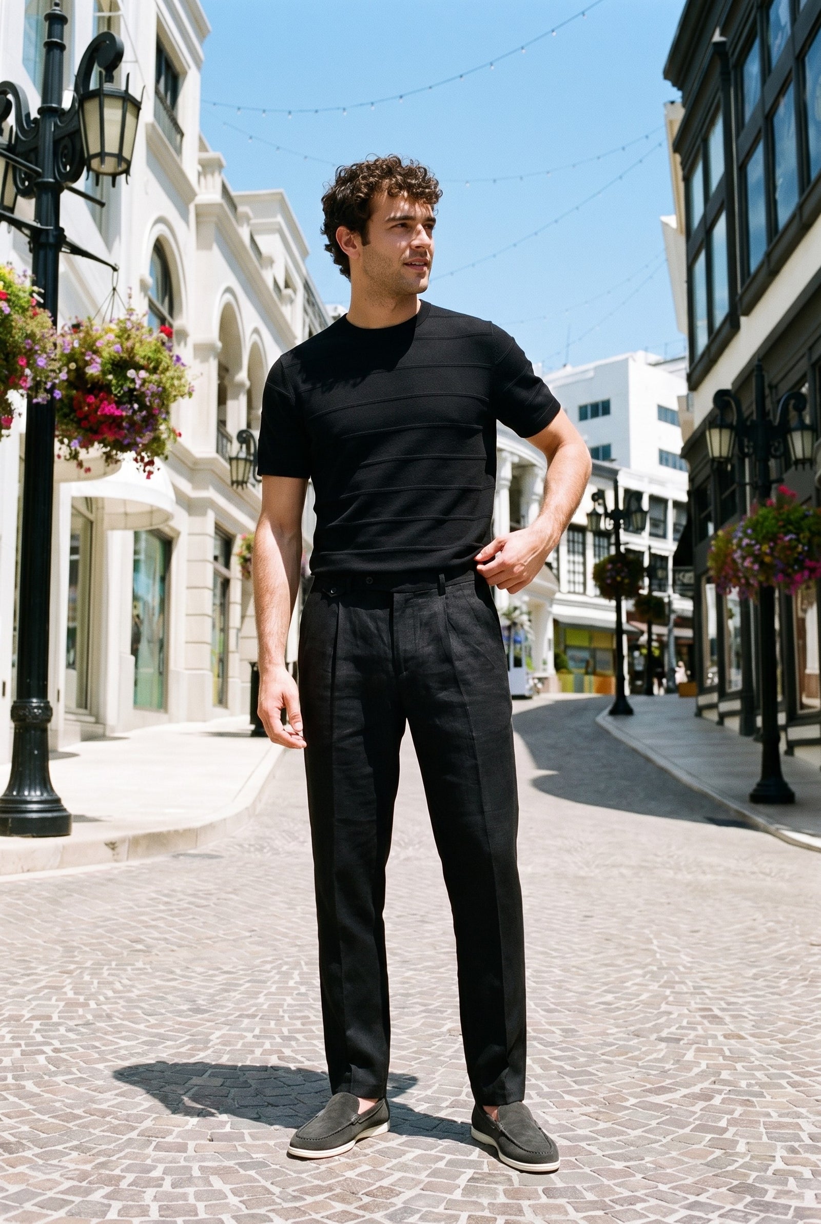 Look #876 styled with Pantalones negros de lino 100% para hombre, con pliegues, cordón ajustable y corte recto relajado.