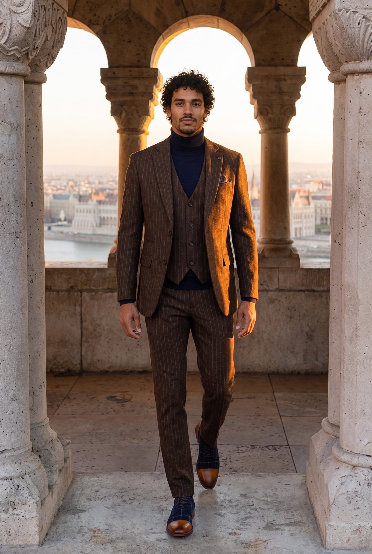 Look #959 styled with Traje de tres piezas para hombre, de corte ajustado y rayas finas marrones.